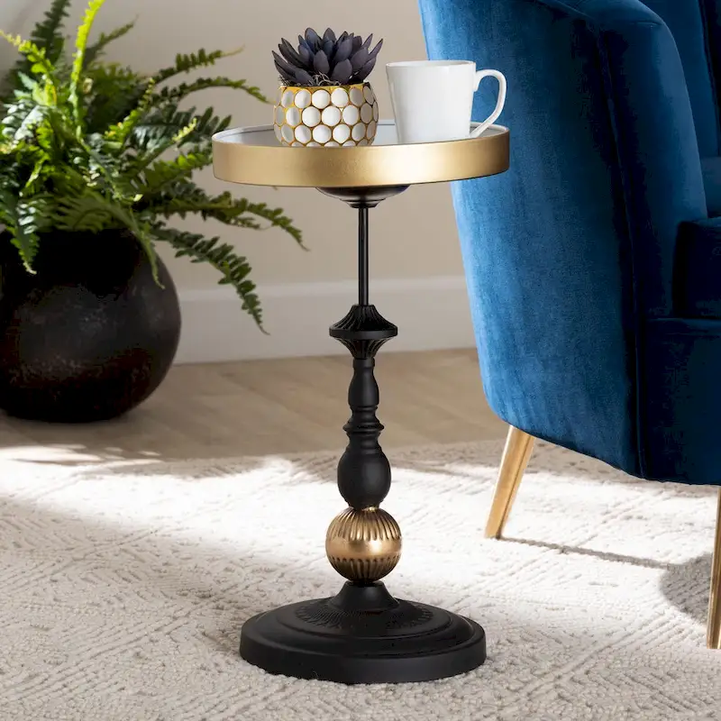 Javion Modern Glam Round Accent Side Table - Black & Gold Metal End Table with Tray Top for Indoor or Semi-Outdoor Use