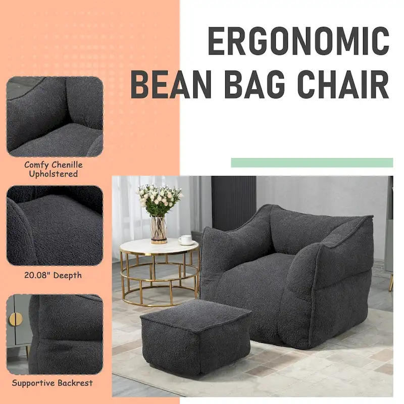 Boucle Upholstered Deep Seat Armless Square Bean Bag Chair with Ottoman