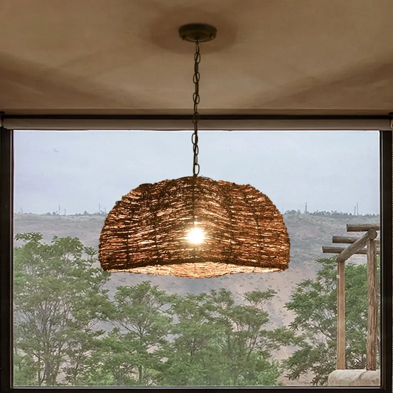 Natural Wood Woven Bowl Pendant Lamp for Indoor Spaces