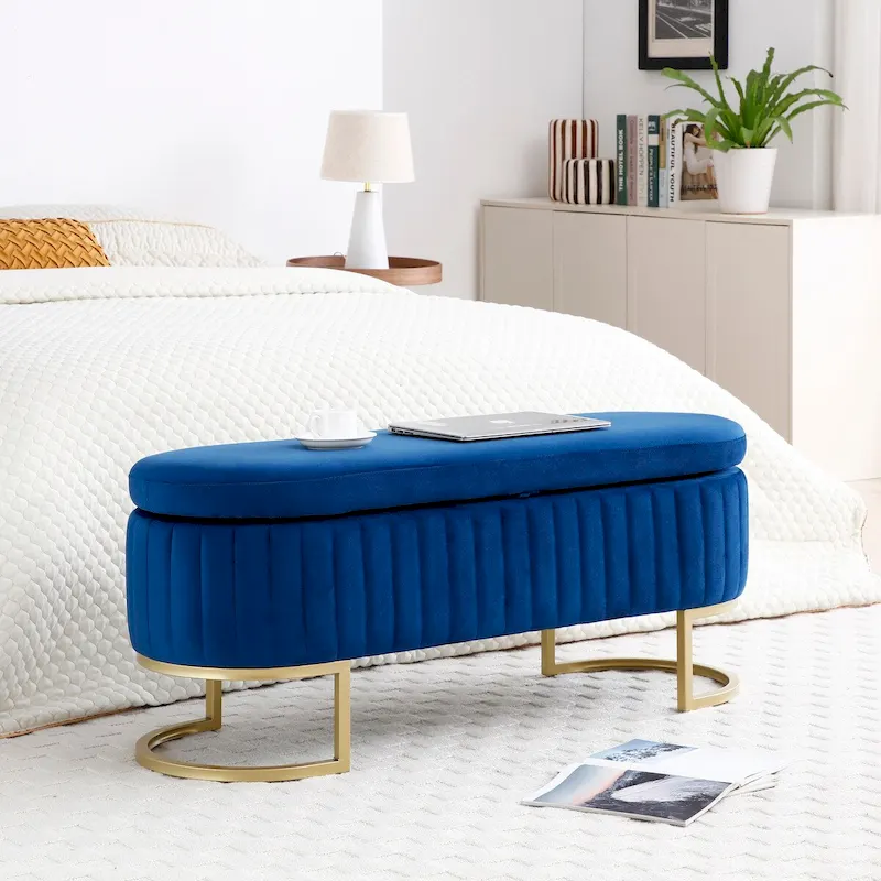 Storage Bench Bedroom Bench, Velvet Oval Upholstered End of Bed Bench with Golden Metal Legs, 50 Storage Ottoman Bench