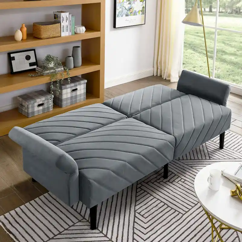 Beige / Blue / Black / Grey / Pink Velvet Convertible Sofa Bed, 6-Position Recliner, Seats 2–3
