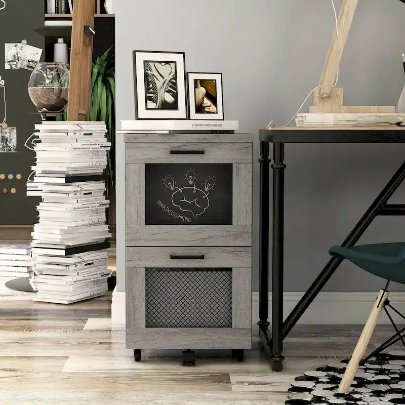 Rustic Grey 2-Drawer File Cabinet with Caster Wheels & Mesh Wire Doors