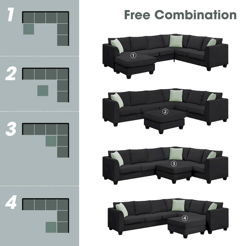 112*87 Sectional Sofa Couches Living Room Sets 7 Seats Modular Sectional Sofa with 3 Pillows, Black
