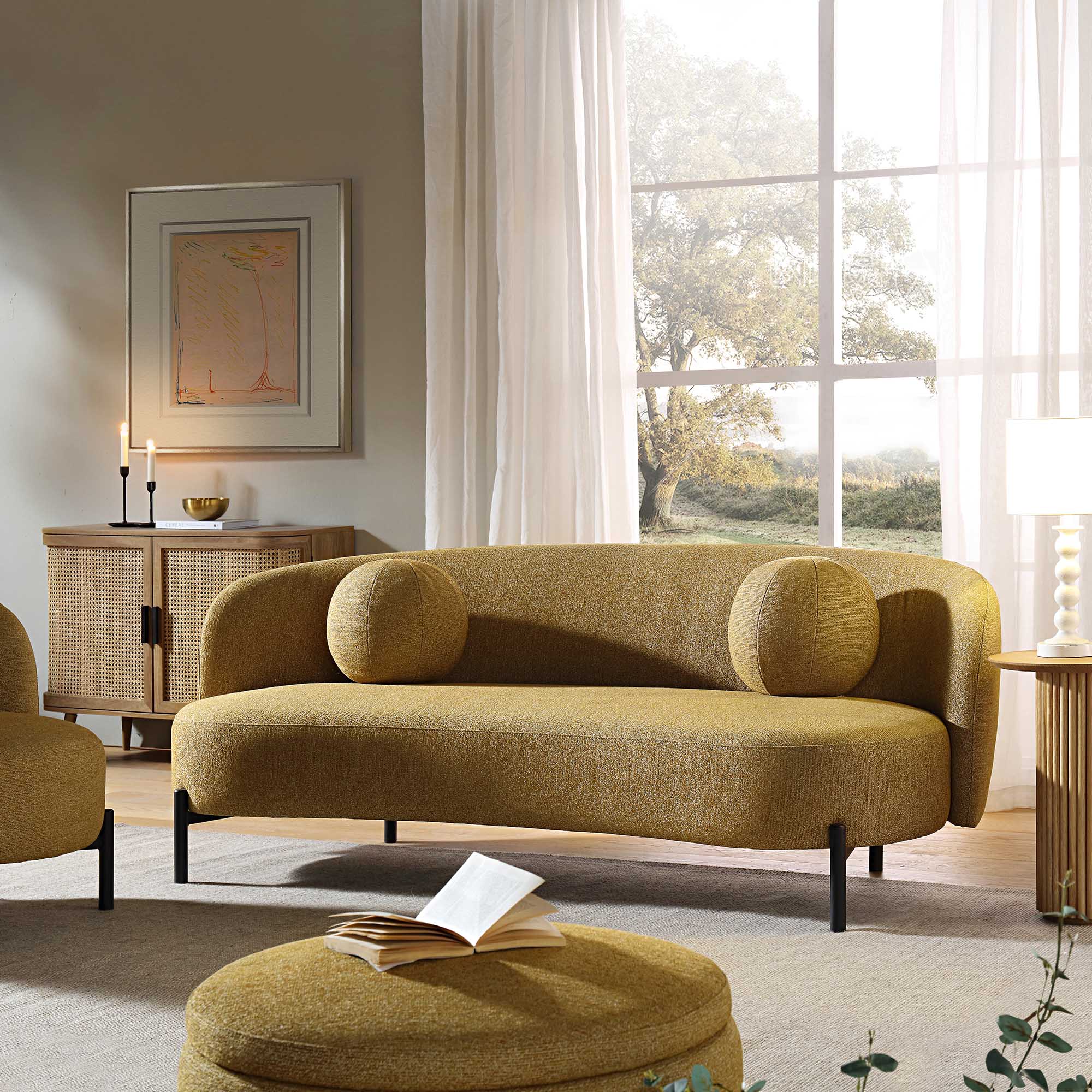 3-Seater Curved Sofa with Ball Cushions, Marigold Textured Fabric