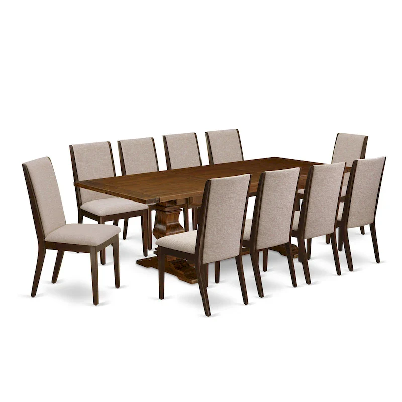 East West Furniture 11 Piece Dining Table Set- a Wooden Table and 10 Linen Fabric Upholstered Chairs(Finish Options)