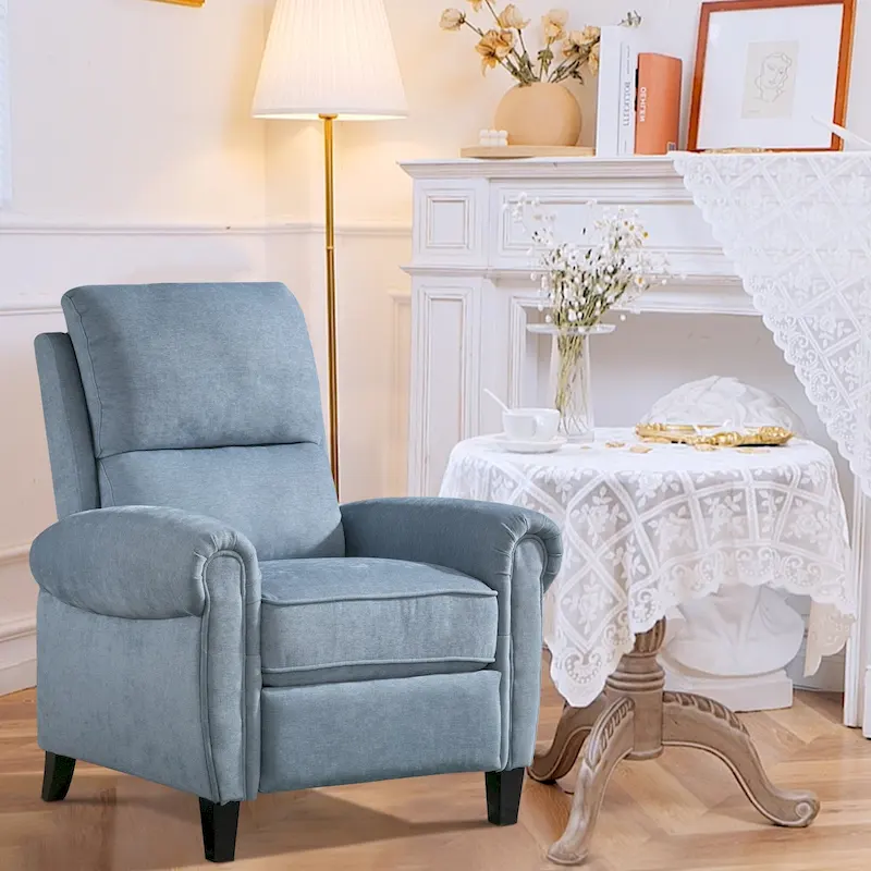 Push Back Recliner Chenille Upholstered 160° Recline Solid Wood Legs Rolled Arms Lumbar Pillow