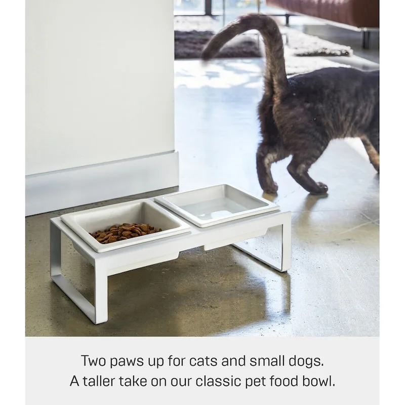 Elevated Pet Food Bowl Stand - Ceramic Bowls with Steel Frame (White/Black)