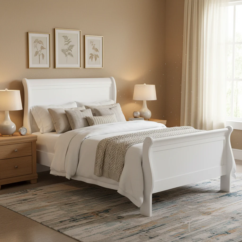 Twin Size Bed with Panel Headboard, Sleigh Design, White Wood Finish