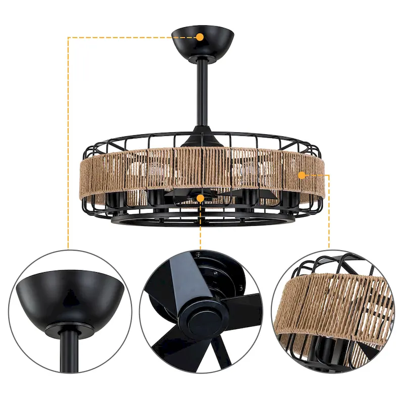 C Cattleya 23  3 Blades 6-Light Black Ceiling Fan with Paper Rope Shade
