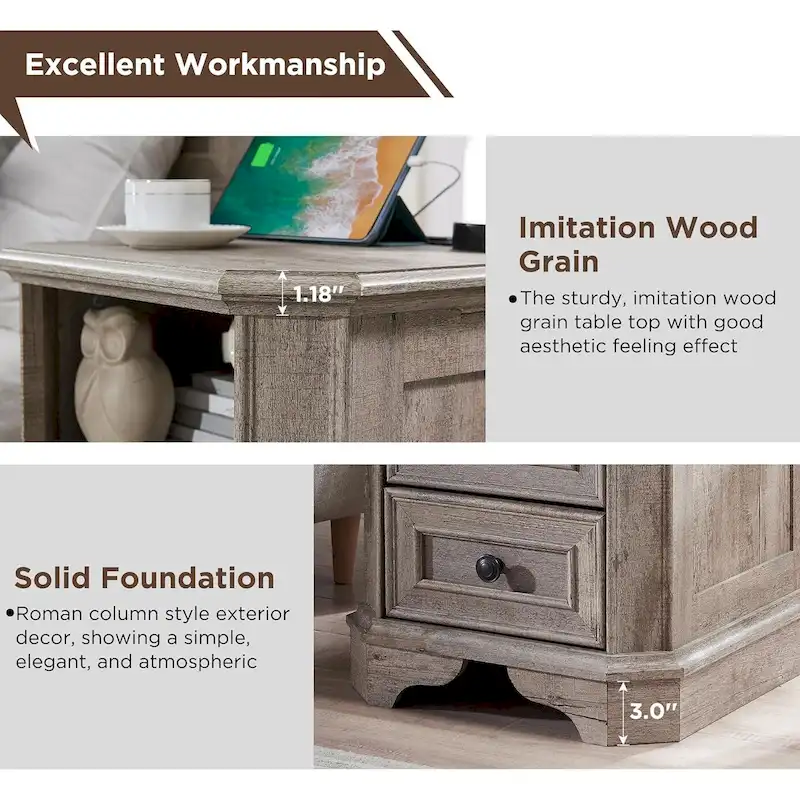 18 Farmhouse Nightstand with Charging Station, End Table,Side Table