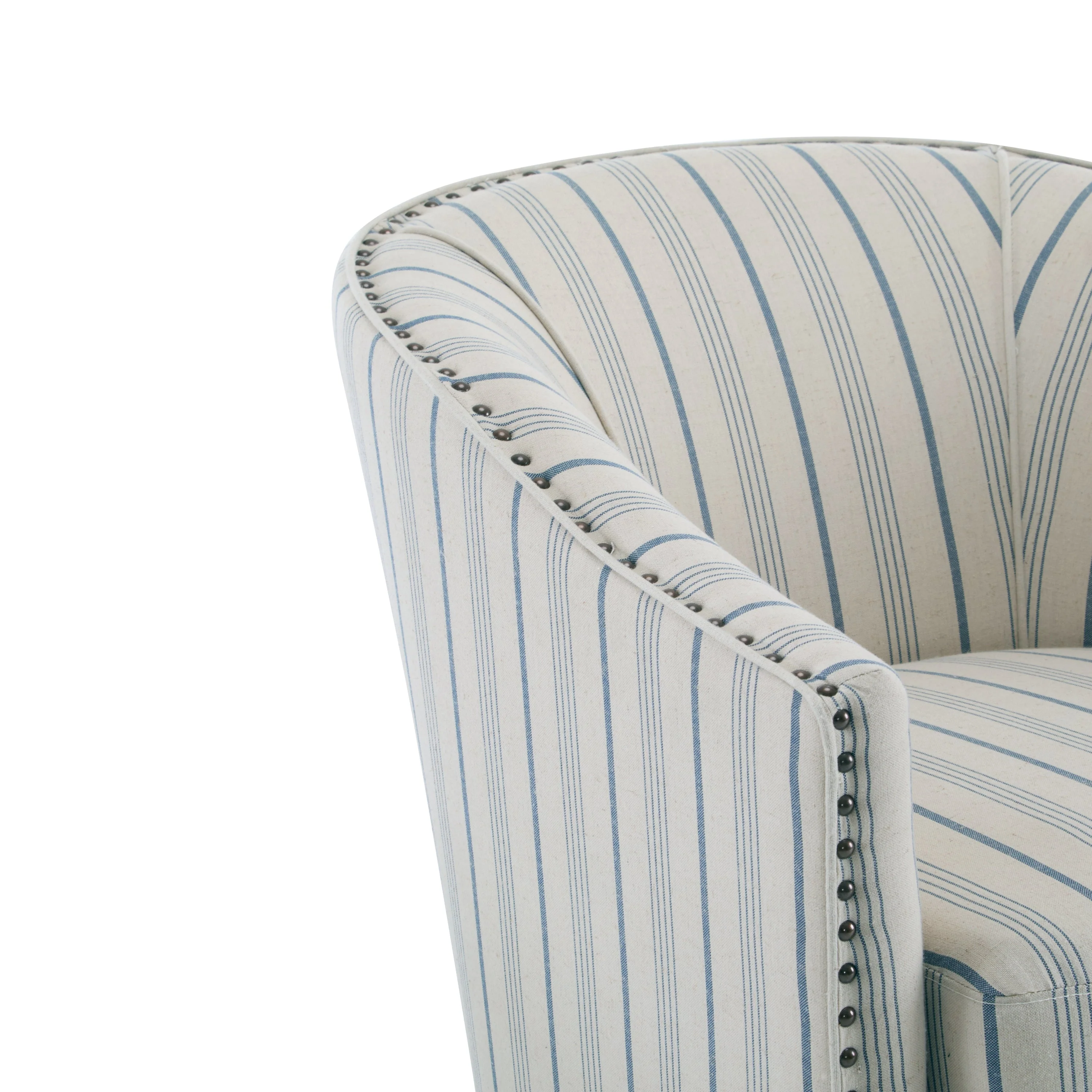 Striped Club Chair with Brass Stud Accents & Birch Wood Legs ¨C Transitional Elegance
