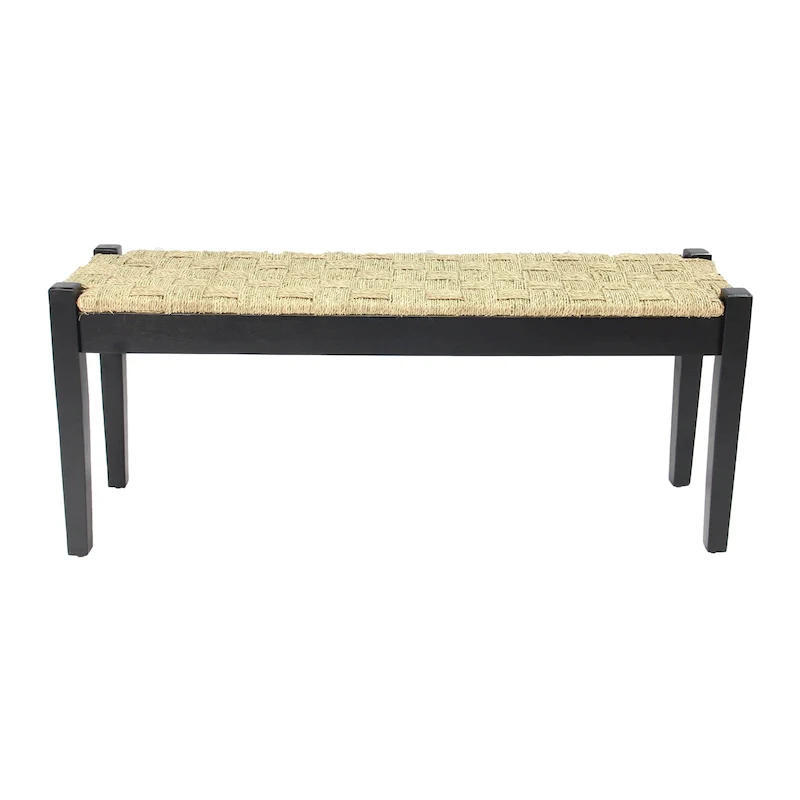 Solid Wood & Natural Seagrass Indoor Bench, Boho Style, Living Room Accent