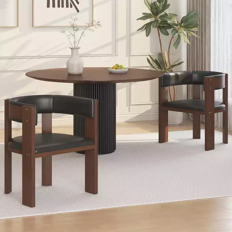 Mid Century Solid Wood Dining Chairs Set, PU Leather Upholstered Accent Chairs with Curved Backrest, Rubber Wood Fram - Brown&Dark Grey