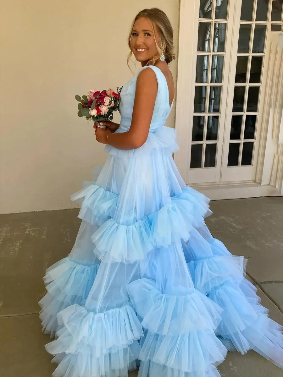 Sky Blue V Neck Ruffles A-line Tulle Prom Dress