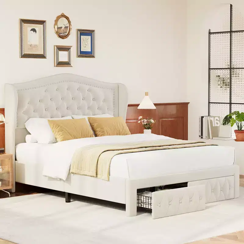 Dyonery Queen Bed Frame, Velvet Upholstered Platform Bed with 2 Storage Drawers, Tall Wingback Headboard, Wooden Slats, No Box Spring Needed