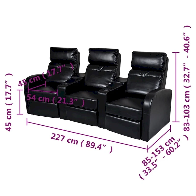 vidaXL 3-Seater Home Theater Recliner Sofa Black Faux Leather - 89.4  x 33.5  x 40.6