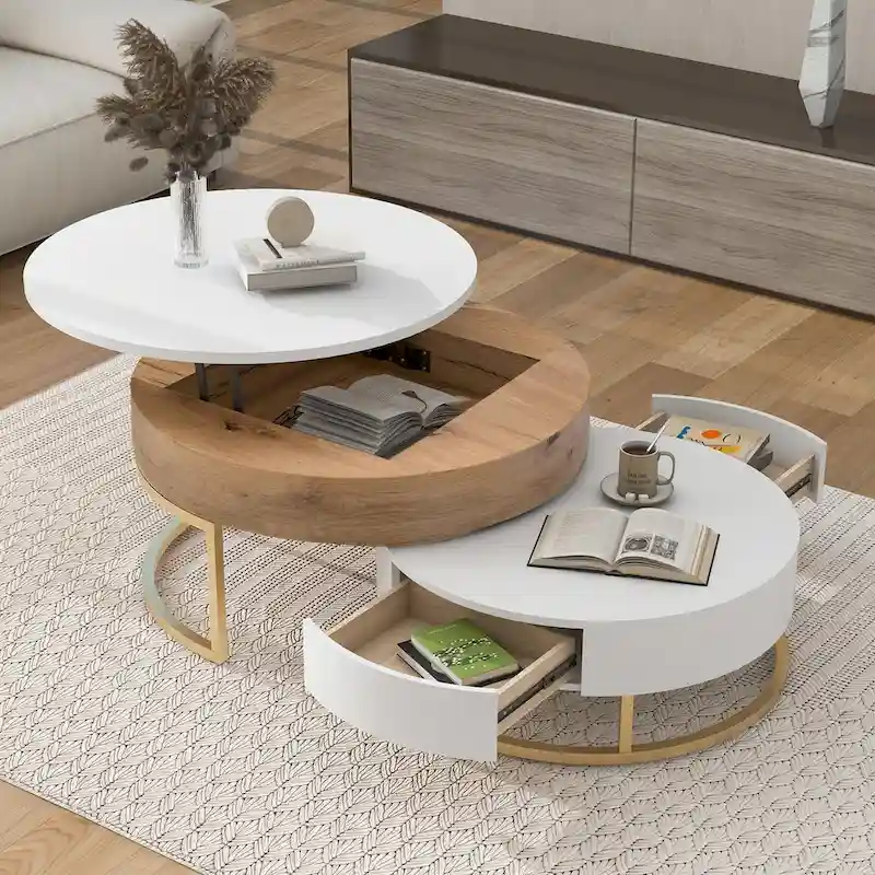 Modern Round Lift-top Nesting Coffee Tables with 2 Drawers
