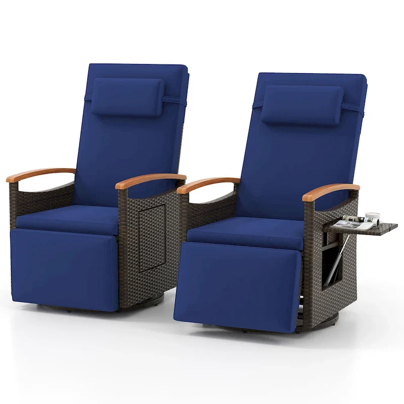 Gymax 2PCS Outdoor Swivel Rattan Recliner Chair Patio Wicker Chaise