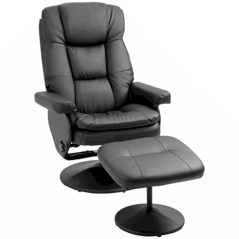 Recliner and Ottoman with Wrapped Base, Swivel PU Leather Reclining Chair with Footrest,Black