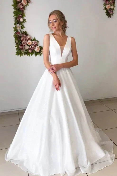 A-line Attractive V-neck Simple Wedding Dress Rustic Wedding Gown