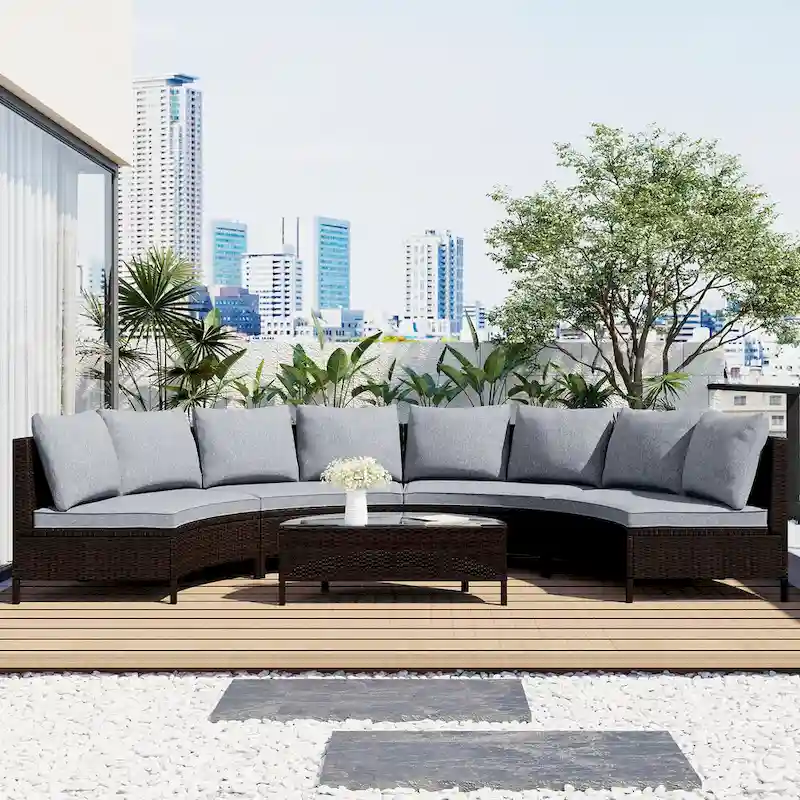 5-Pieces All-Weather PE Rattan Wicker Half-Moon Sofa Set