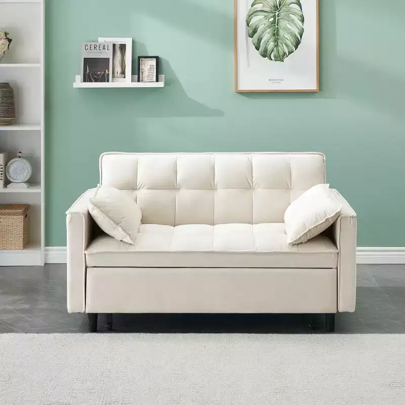 MAYEERTY Modern Velevt Loveseat Sleeper Sofa Couch Pull Out Bed with Toss Pillows Pockets for Living Room Bedroom Beige