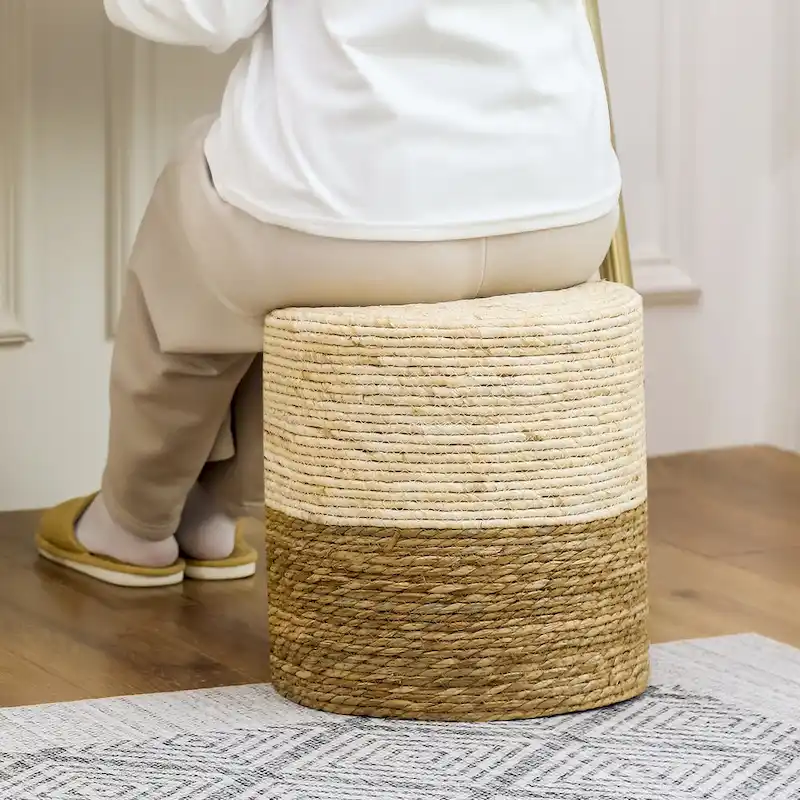 Adeco Round Ottoman Natural Cattail Hand Weave Foot Stool