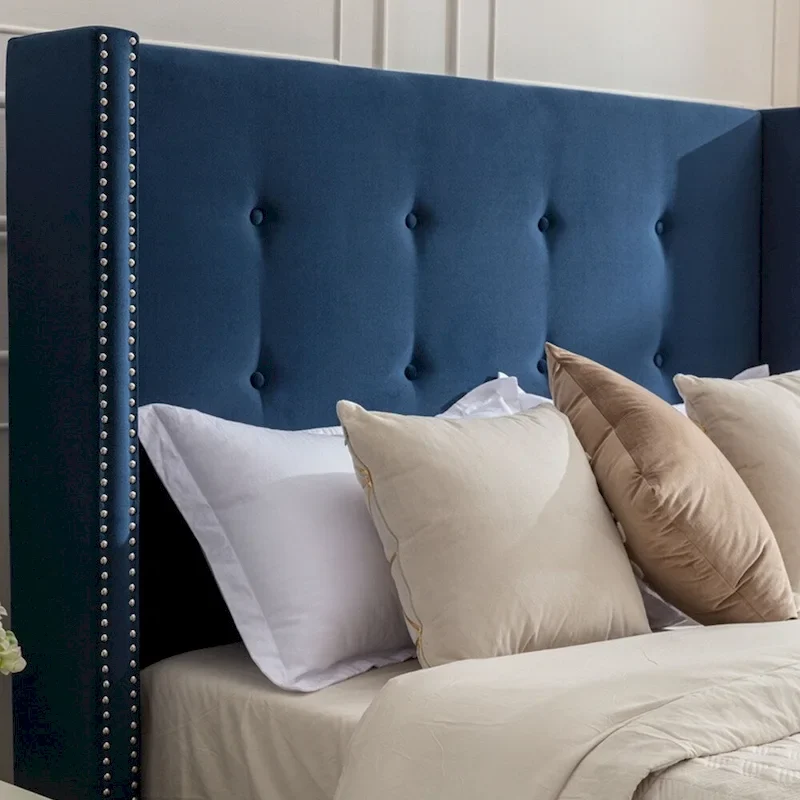 Upholstered Queen Bed with Nailhead Trim Wingback Headboard
