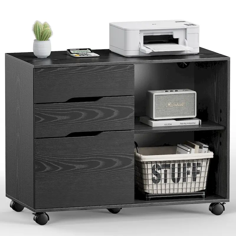 Mobile Lateral File Cabinet & Printer Stand with 3 Drawers and 2 Open Shelves