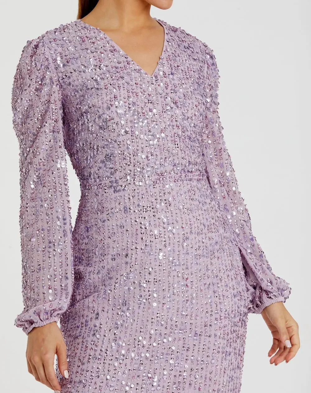 Purple Sequined Illusion Puff Sleeve V Neck Midi Dress