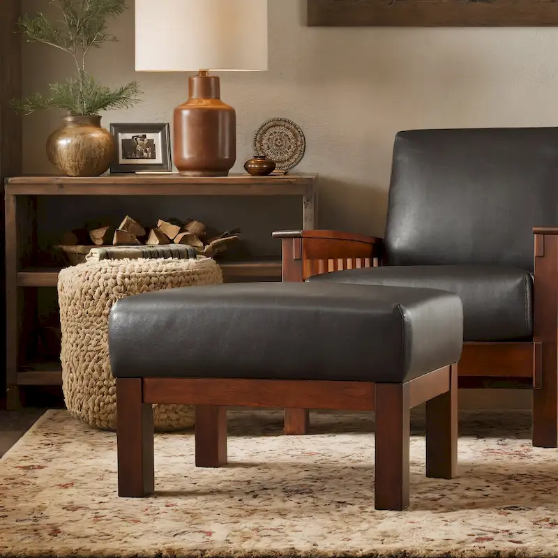Mission-Style Solid Wood Ottoman with Upholstered Cushion