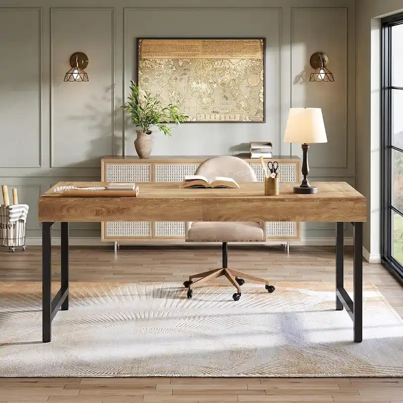 55 Inches Industrial Executive Desk, Rustic Simple Computer Laptop Desk with Strong Metal Legs