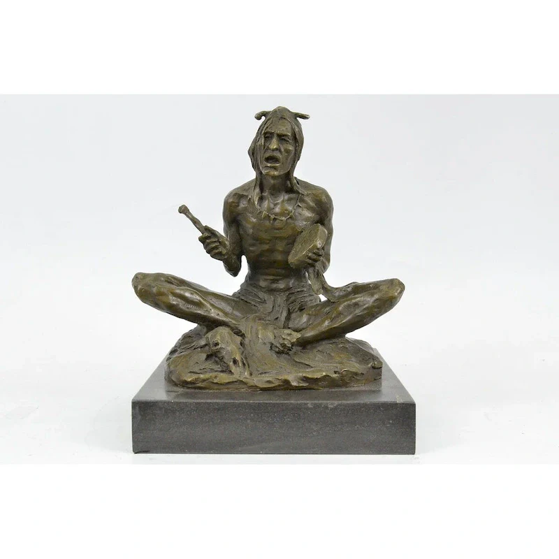 Native American Man Indian Style Drummer Tom Tom Bronze Statue Sculpture