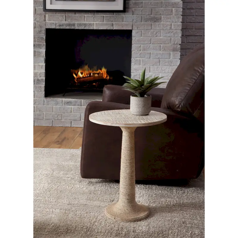 Solid Wood White Wash Round End Table with Jute Rope Wrapped Base