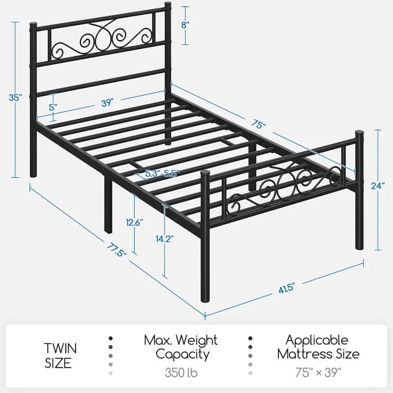 Yaheetech Graceful Scroll Metal-Framed Bed Iron Twin Bed Foundation