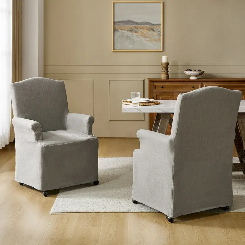 Upholstered Slipcover Arm Dining Chairs with Solid Wood Legs Set of 2