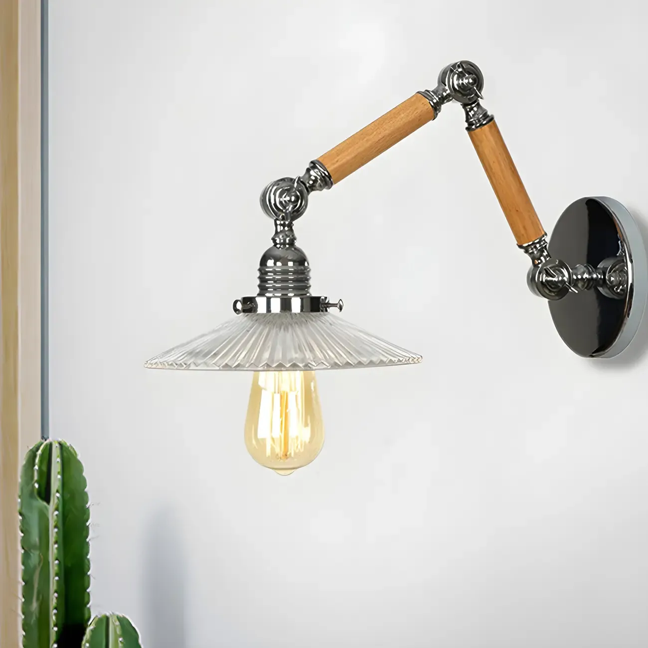 Industrial Glossy Swing Arm Wall Light with Wavy Glass Shade