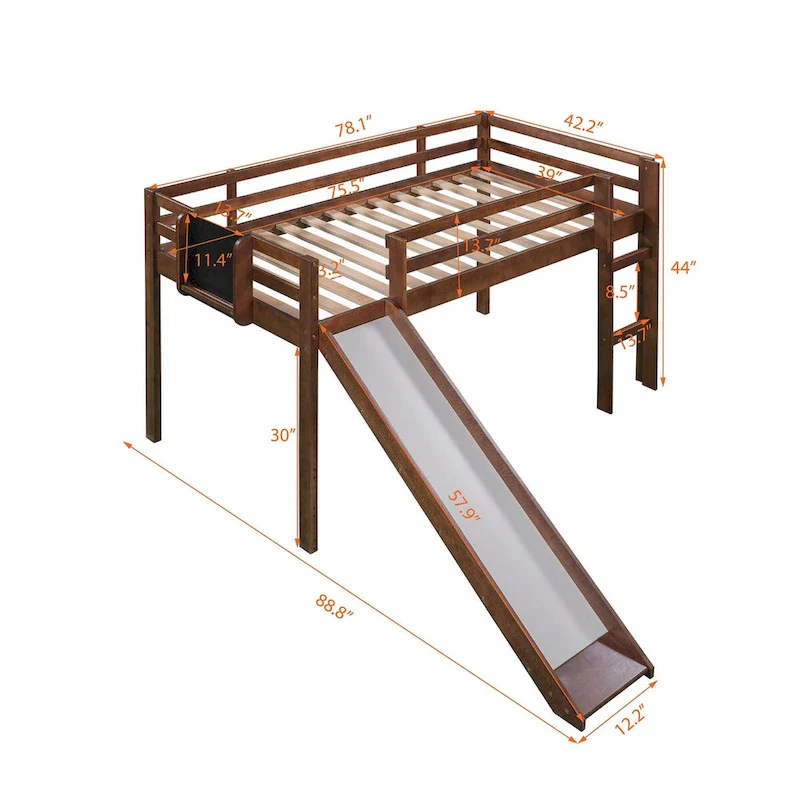Walnut Twin Size Pine Wood Loft Bed with Convertible Slide