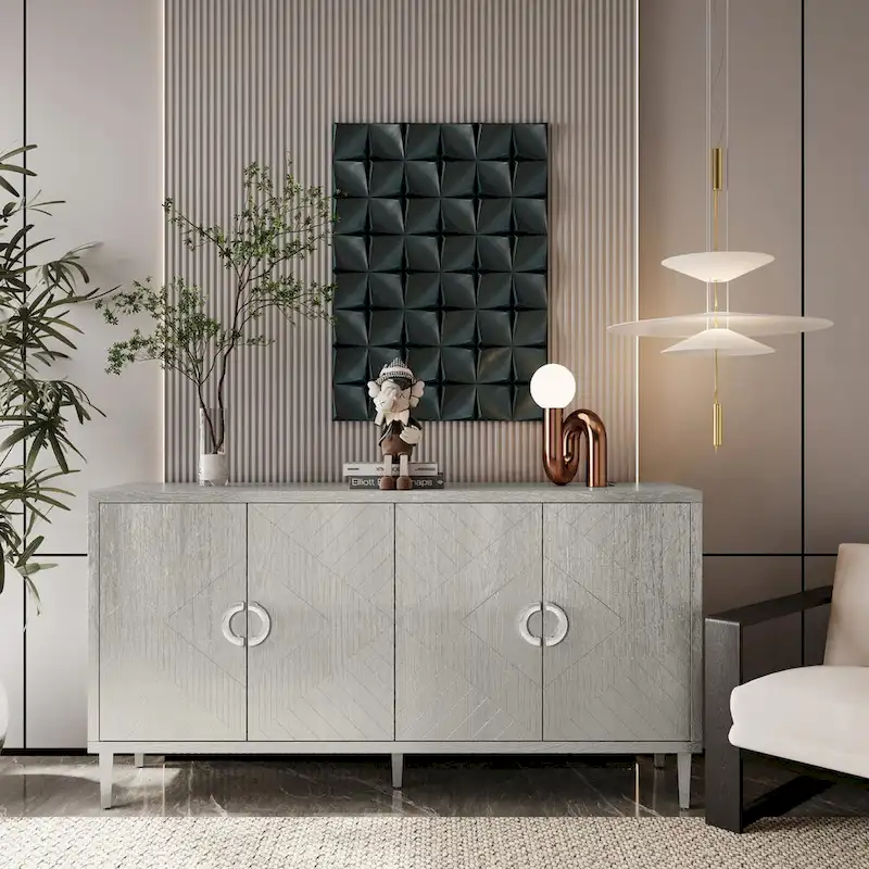 4-Door Storage Cabinet, Pine Legs, Champagne/Navy Blue