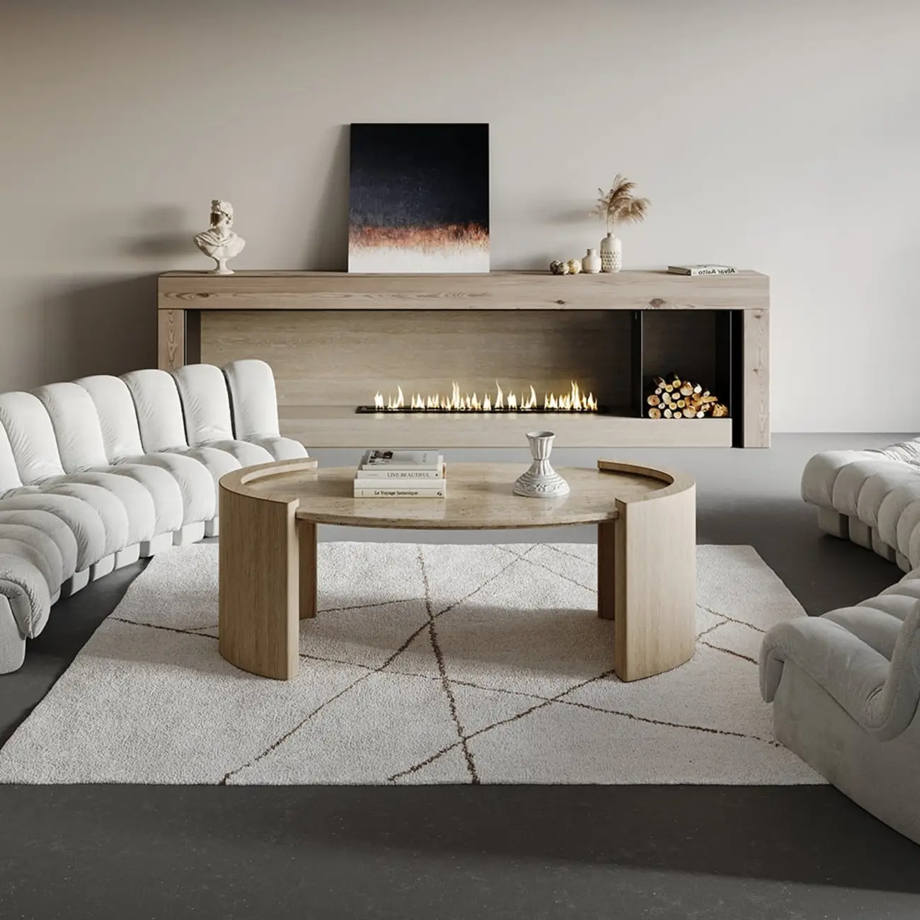 Japandi Oval Travertine Coffee Table in Double Pedestal