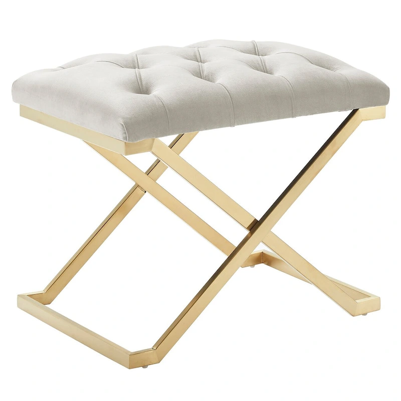 22 Ivory and Gold Contemporary Single Bench with Button Tufting
