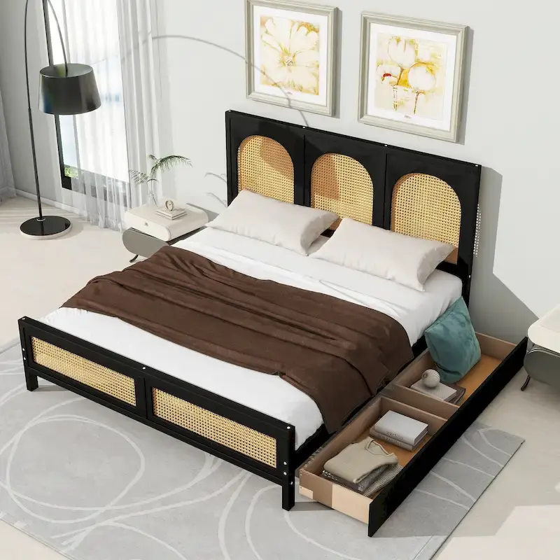 Black Queen Storage Platform Bed – Rattan Headboard & Footboard, 2 Drawers