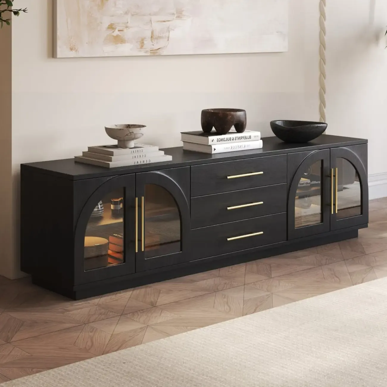 LED 3-Drawer Wooden Arched Glass Doors TV Stand