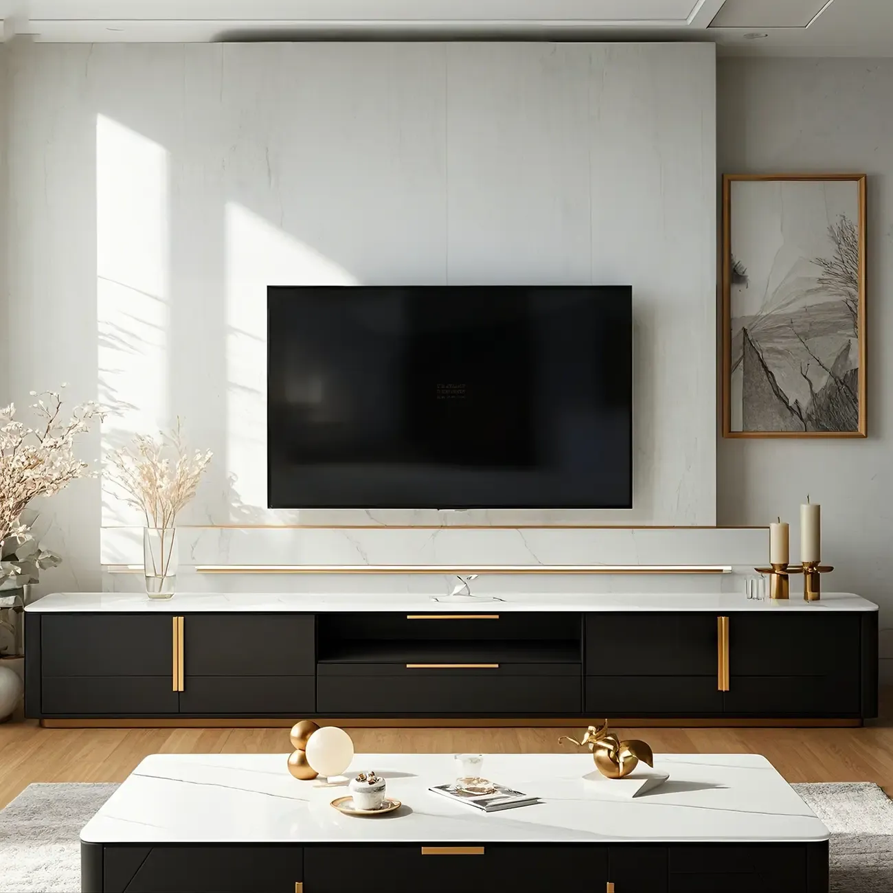 Luxury Black Stone Gold Handle TV Stand with Storage Cabinet