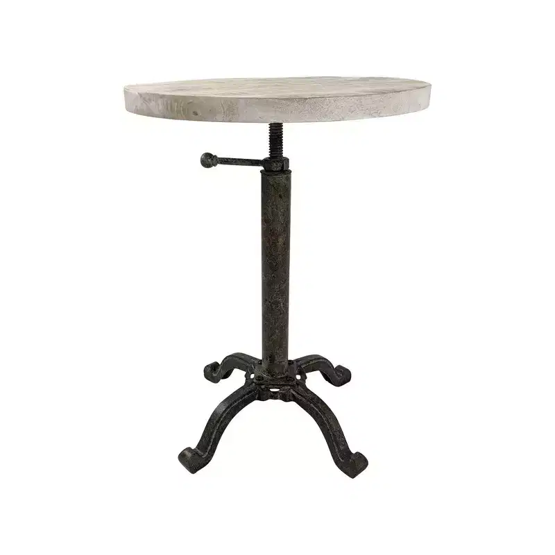 HomeRoots 22 Natural and Black Solid Wood and Metal Height Adjustable Round Pedestal End Table
