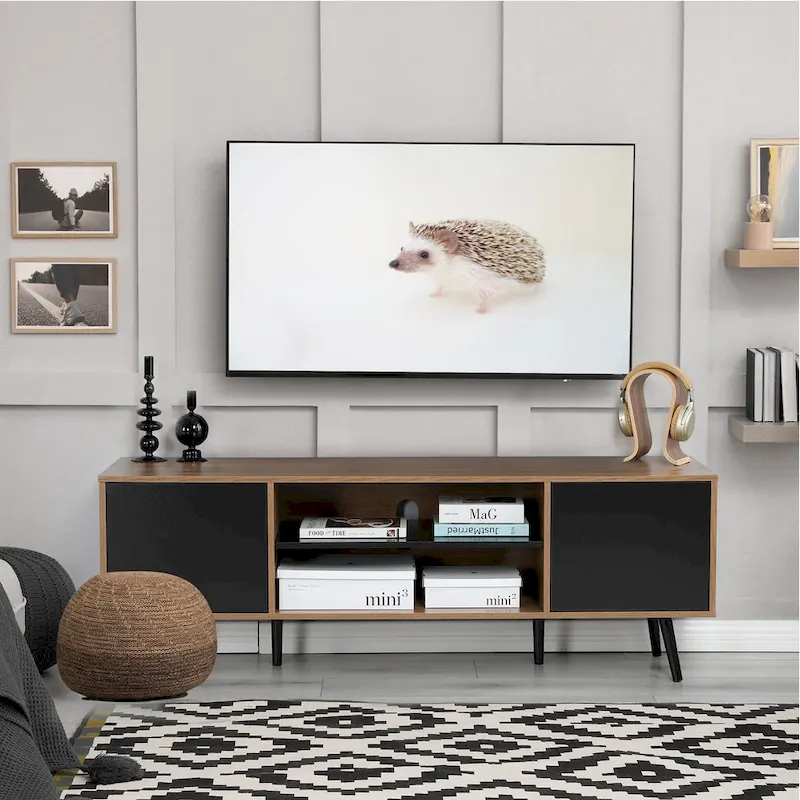 Mid-Century Modern TV Stand for 60 TV with Storage and Open Shelf