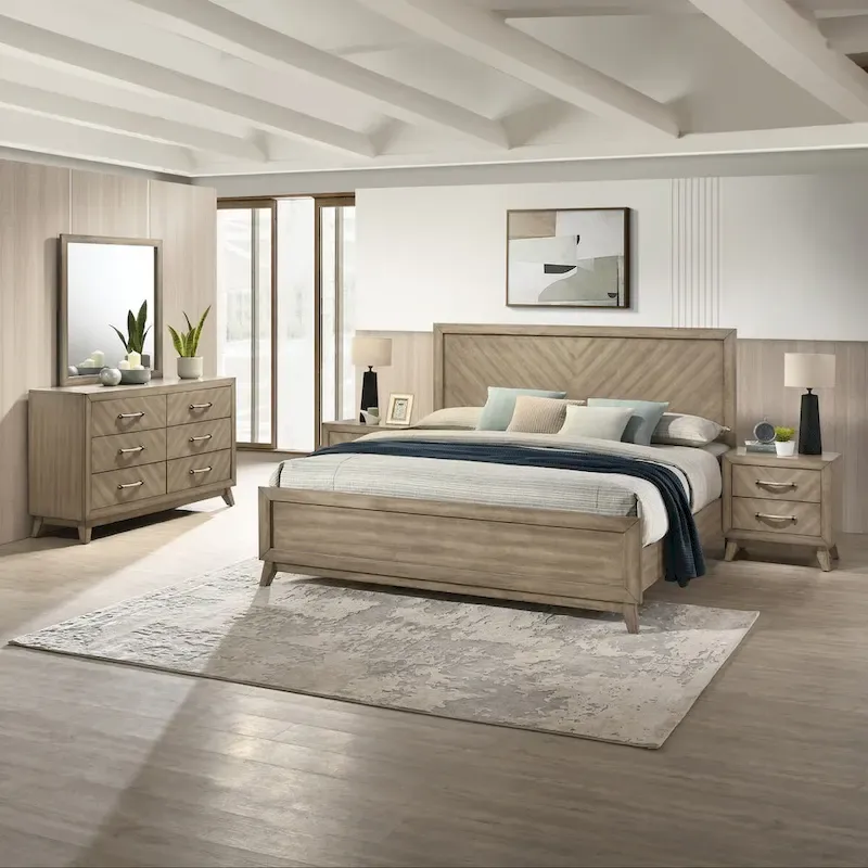 Contemporary Wood Bedroom Set: Panel Bed, Dresser, Mirror, 2 Nightstands, Chest in Antique Gray