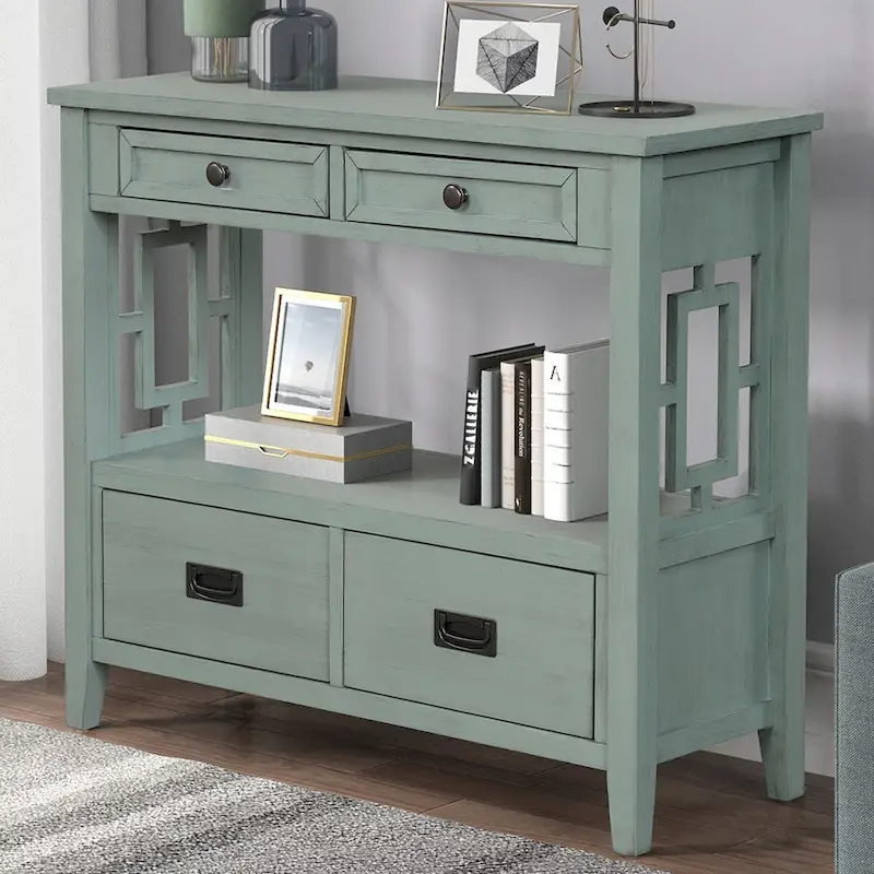Wood Console Table Entry Sofa Table with 4 Drawers & 1 Storage Shelf for Entryway Living Room Bedroom