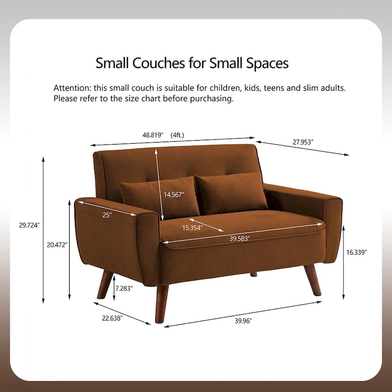 48.82 Small Tufted Loveseat Sofa 2 Set with Tapered Wood Legs