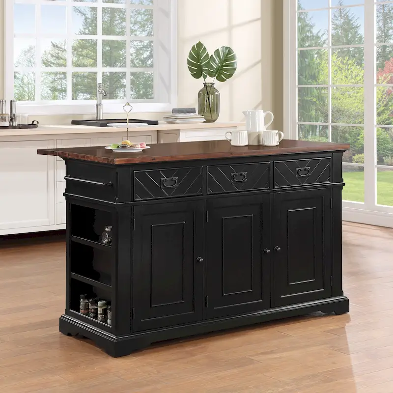 Farmhouse Kitchen Island with 3 Drawers, 3 Doors, Spice Rack & Sheet Pan Storage | Wood